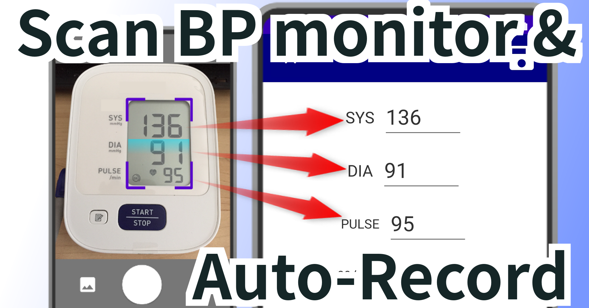 No smart BP monitor required. App scans monitor display & records for you.